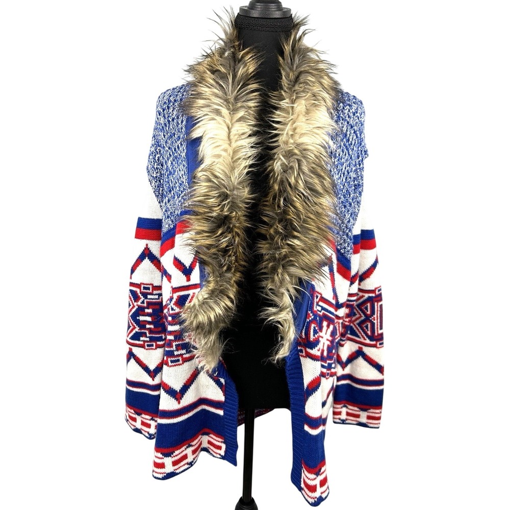 Minkpink Faux Fur Trim Geometric Open Front Cardigan Blue Red White Small